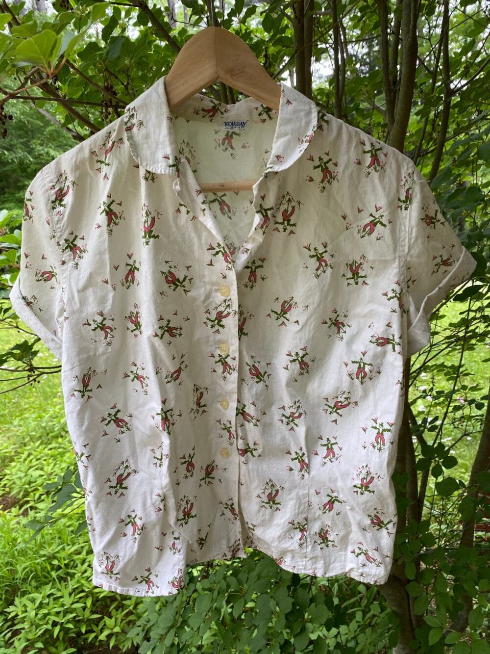 Vintage 1950s Scarecrow/Flowers/Birds Cotton Korday Novelty Shirt Size 38 Bust